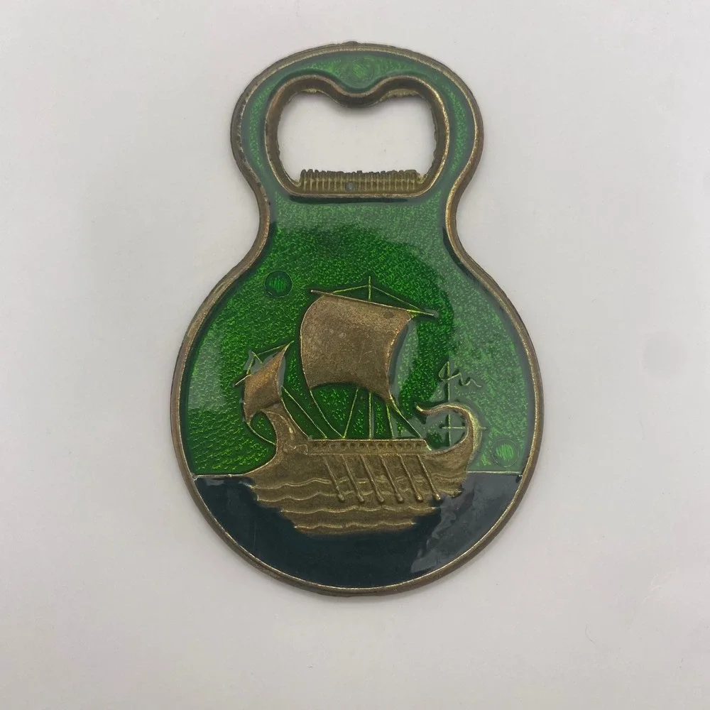 Vintage Viking Ship Coastal Scene Enamel Bottle Opener Double Sided Nautical Bar